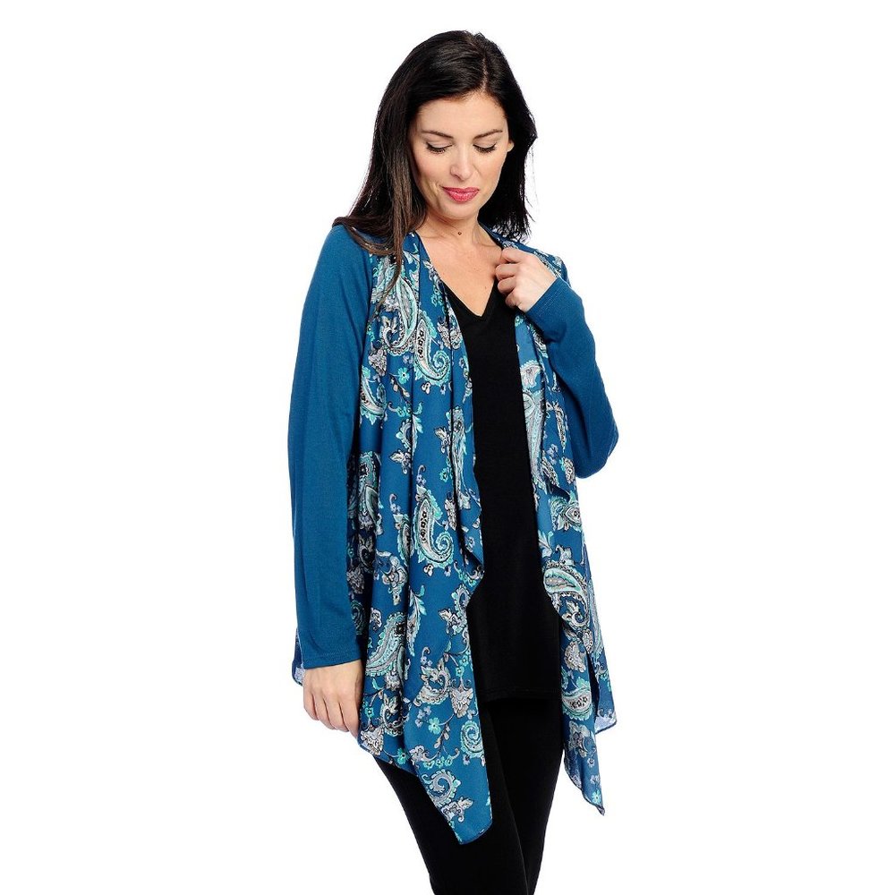 NWOT - Paula Deen Knit & Woven Long Sleeve Cascade Cardigan Turquoise, 1X